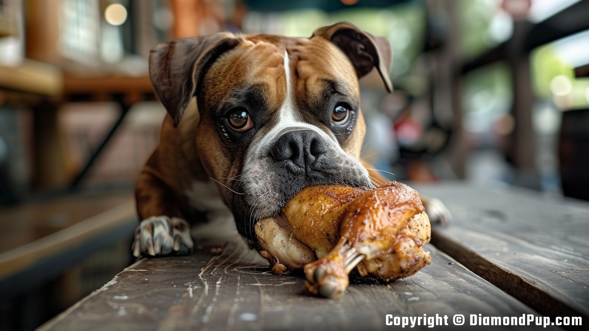 Image of a Happy Boxer Eating Chicken