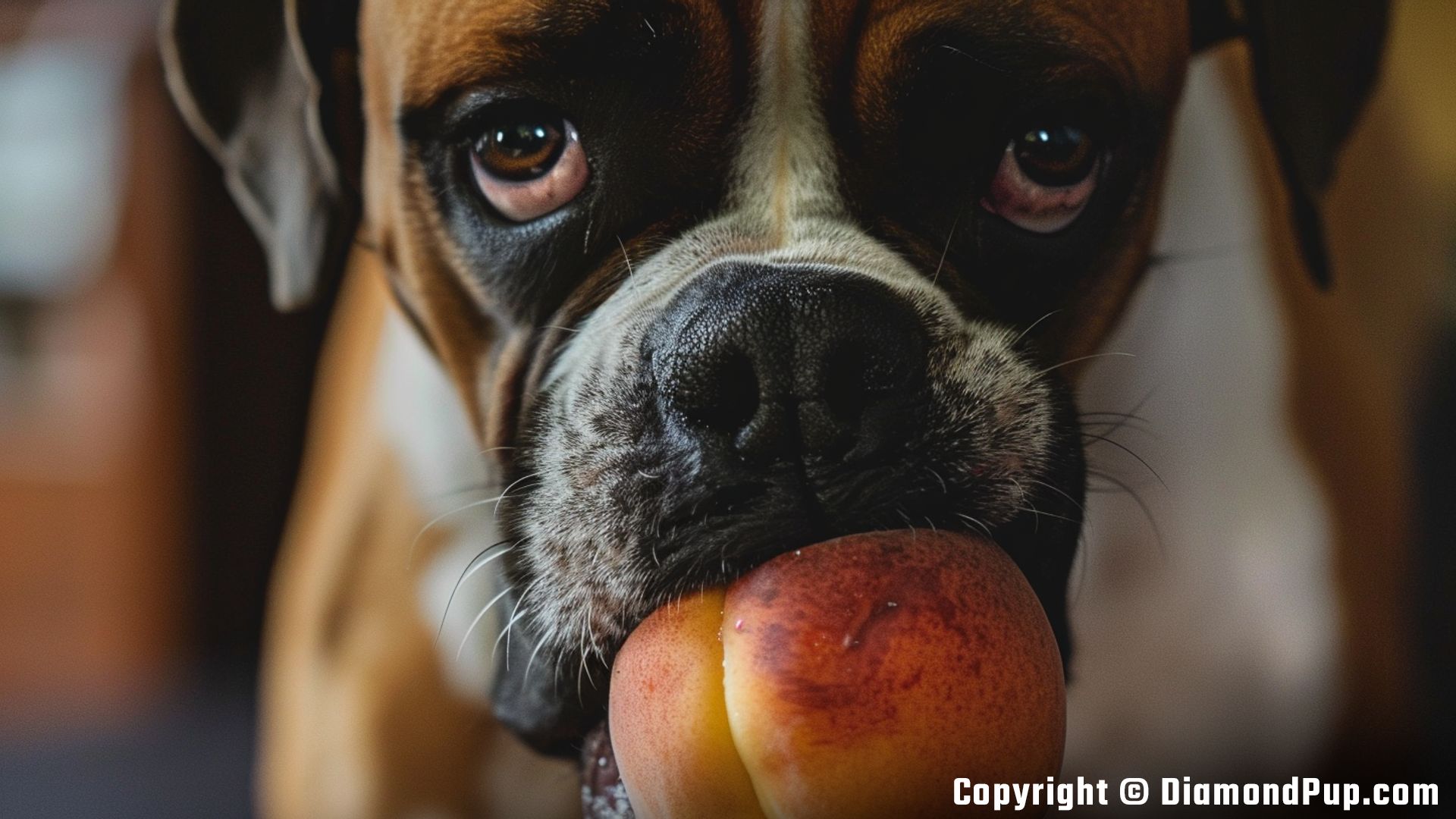 Image of a Happy Boxer Eating Peaches