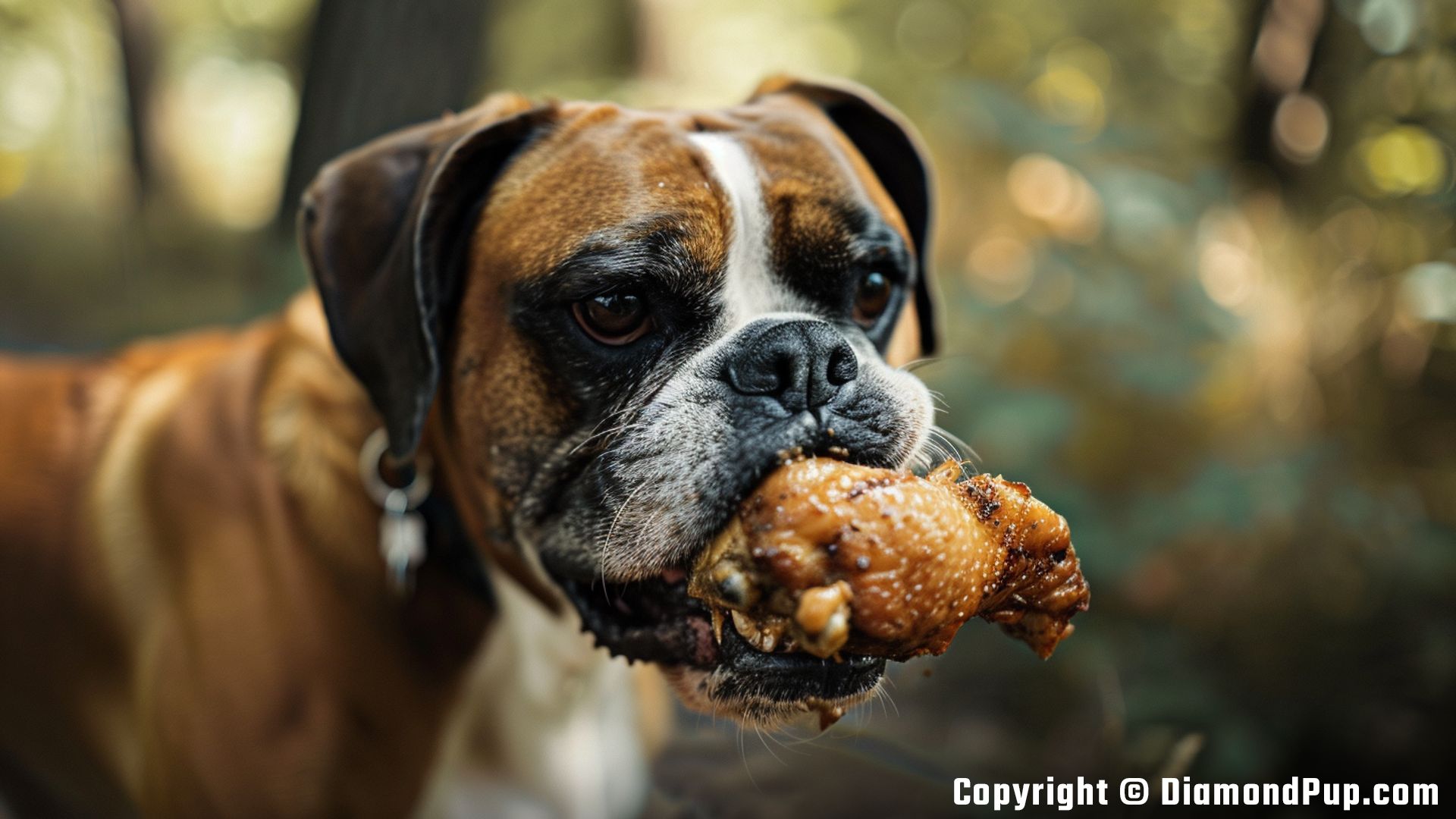 Image of a Happy Boxer Snacking on Chicken