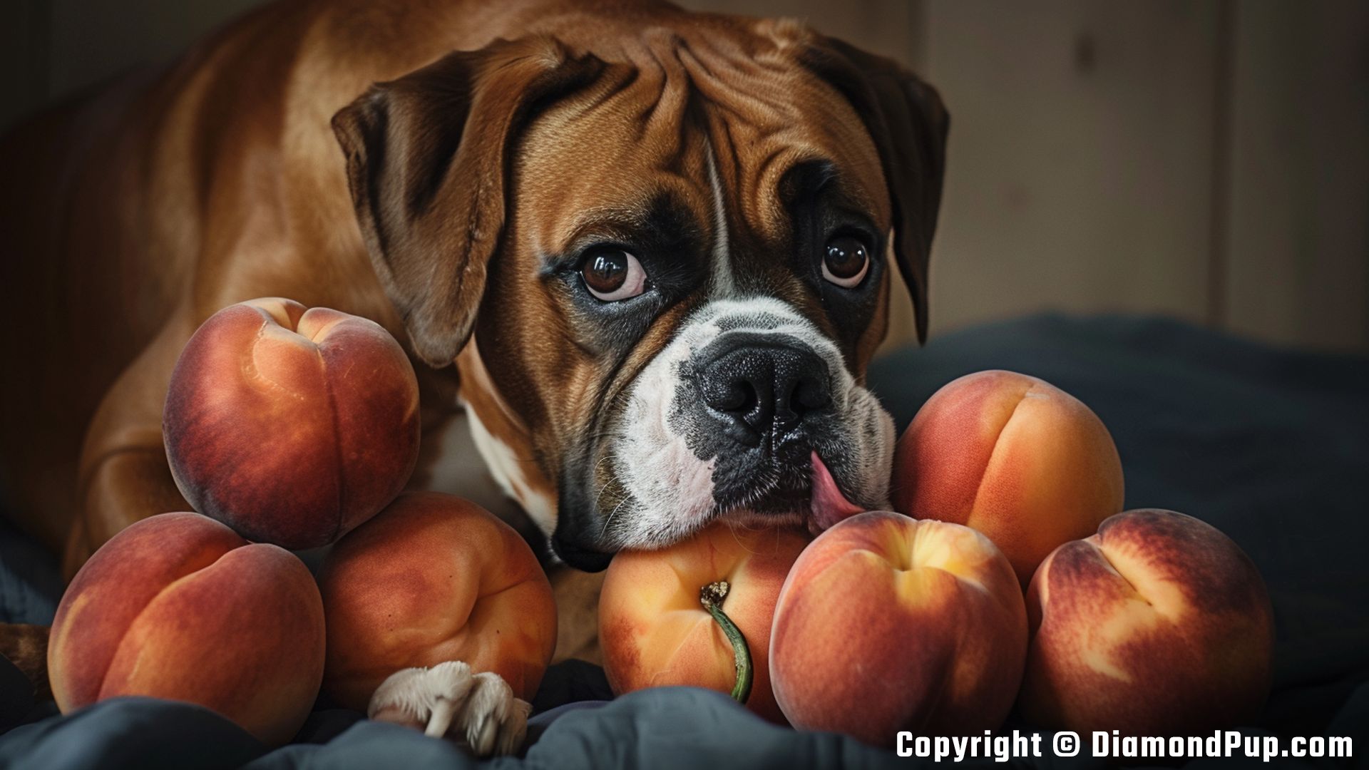 Image of a Happy Boxer Snacking on Peaches