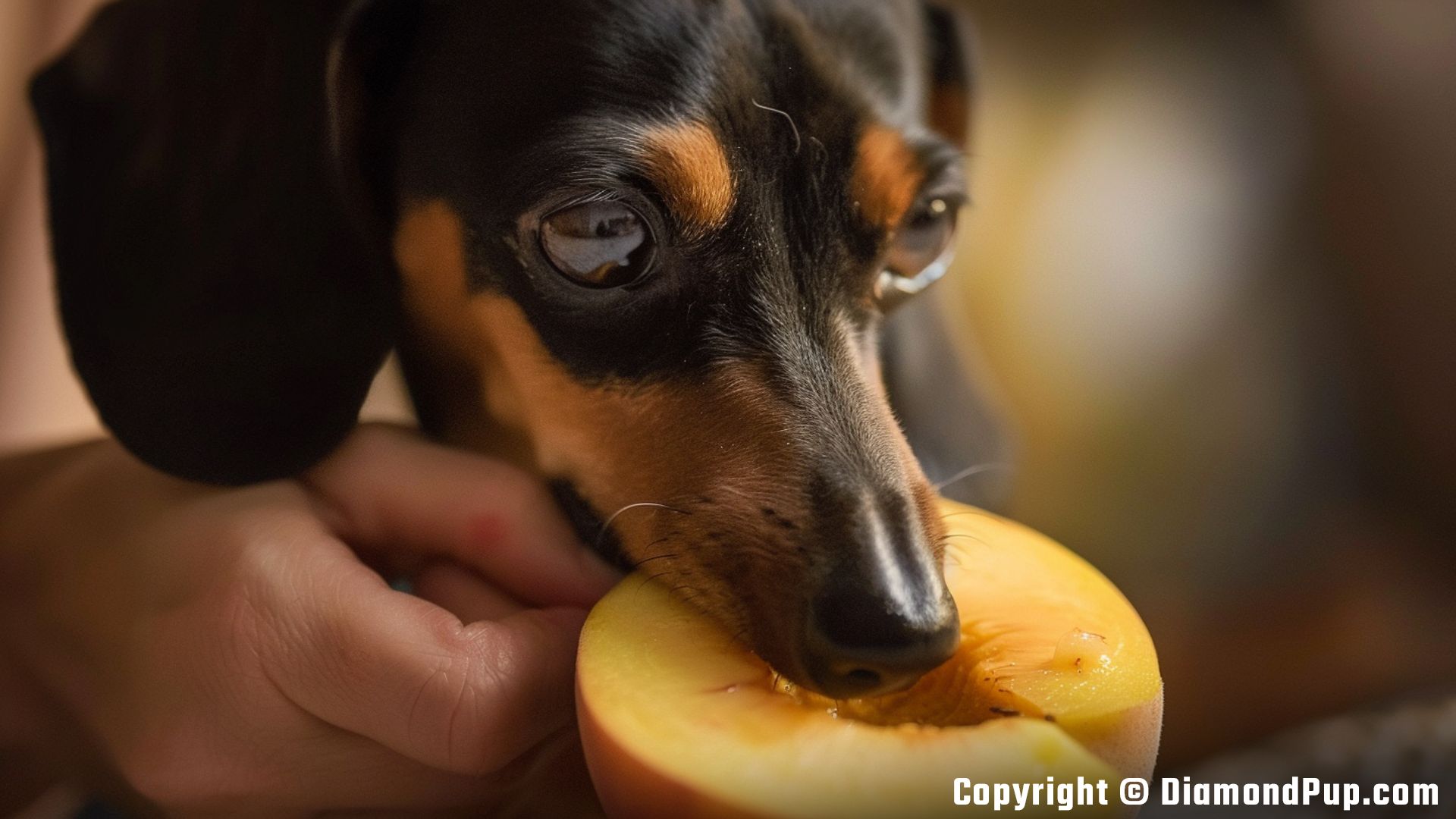 Image of a Happy Dachshund Snacking on Peaches