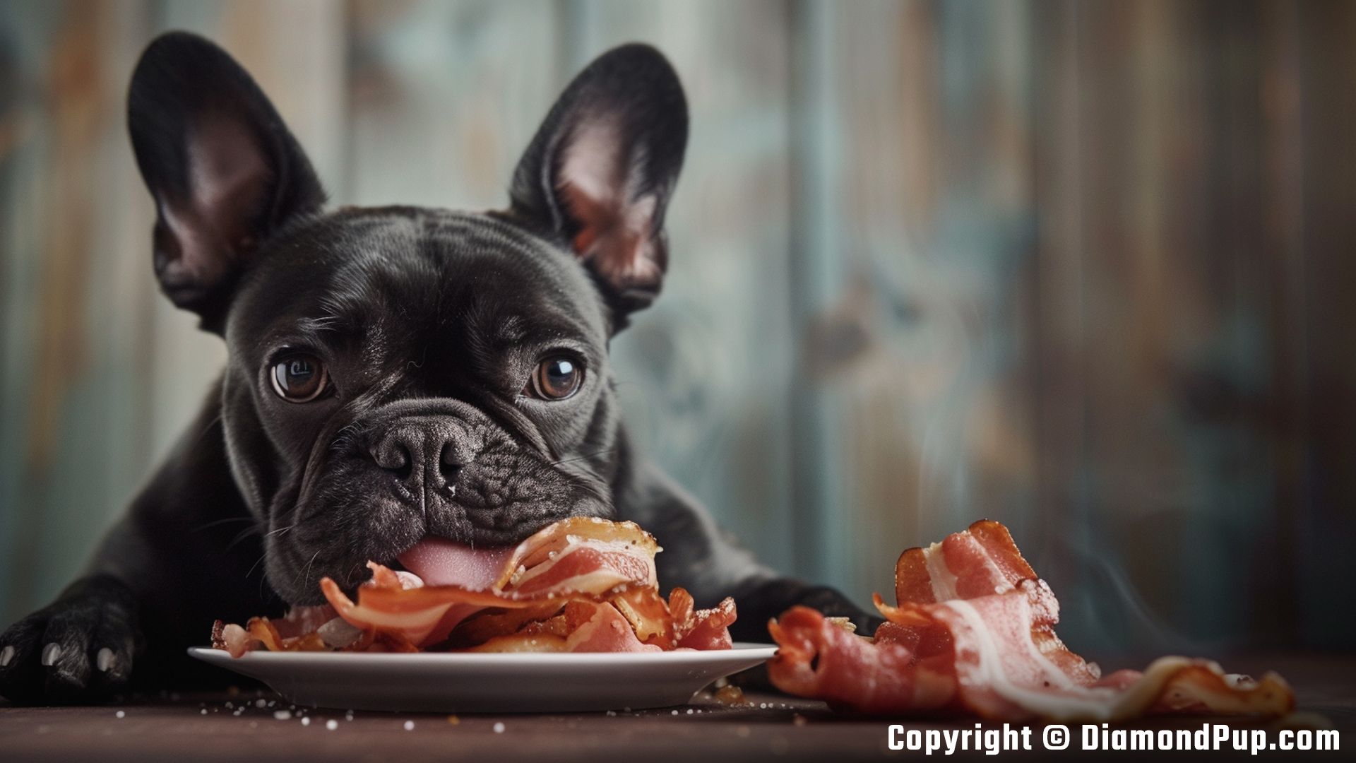 Image of a Happy French Bulldog Eating Bacon