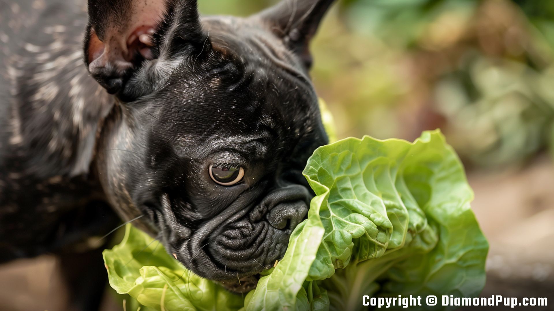 Image of a Happy French Bulldog Eating Lettuce