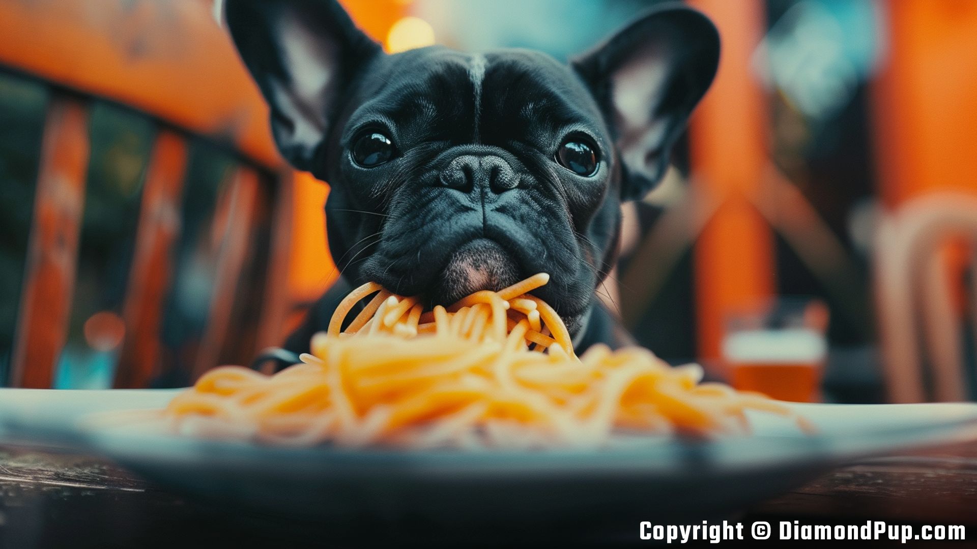 Image of a Happy French Bulldog Snacking on Pasta