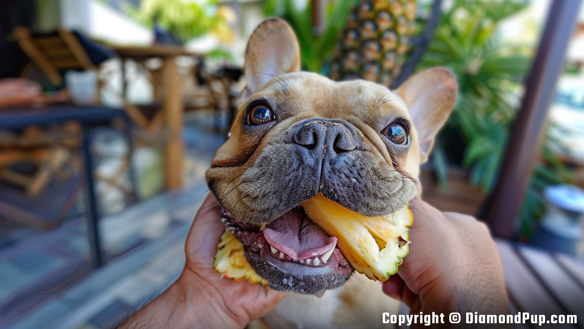Image of a Happy French Bulldog Snacking on Pineapple