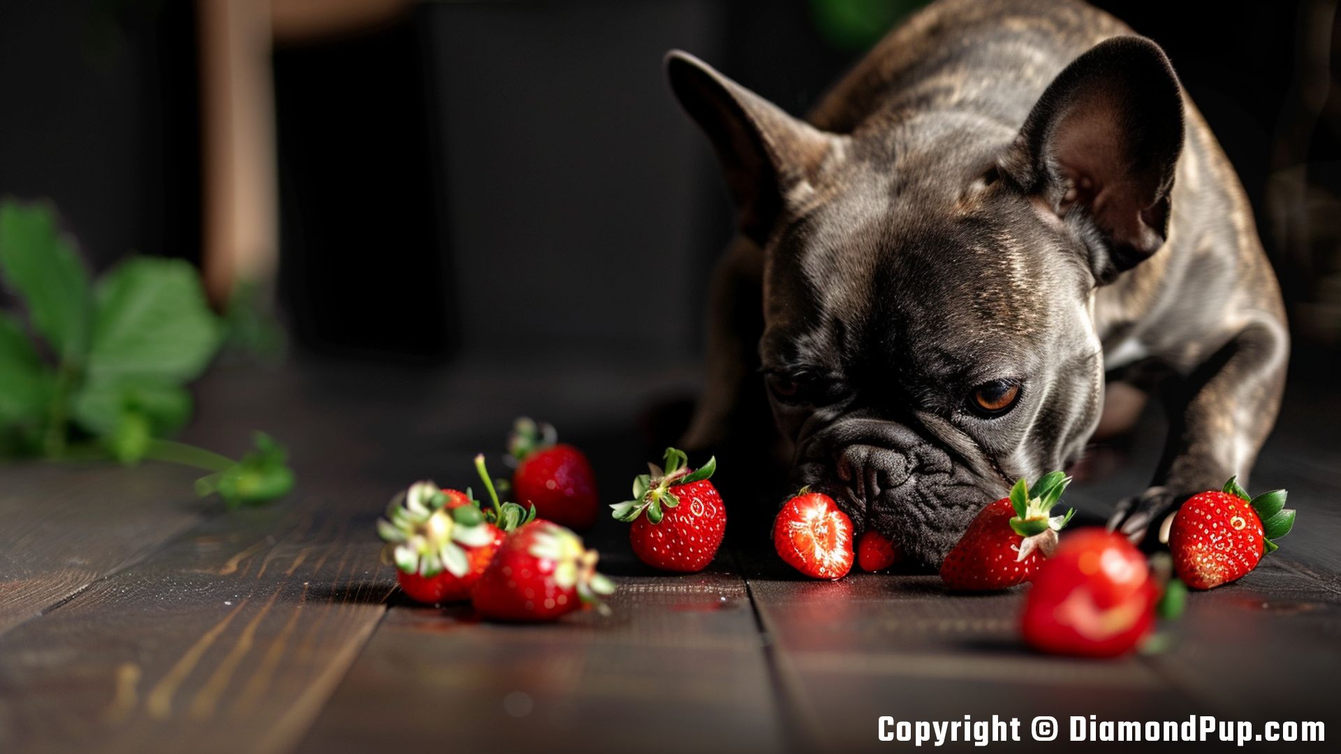 Image of a Happy French Bulldog Snacking on Strawberries