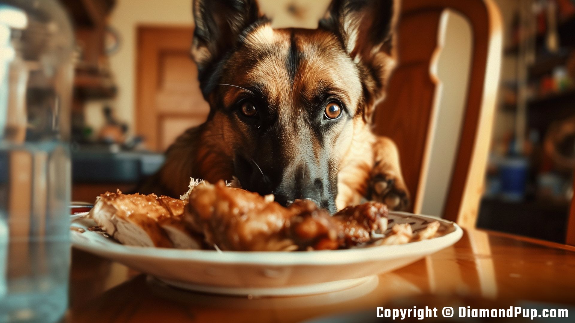 Image of a Happy German Shepherd Eating Chicken