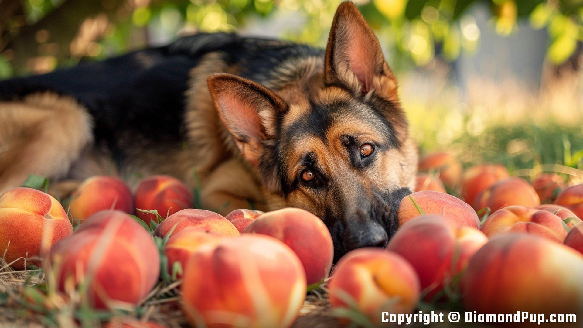 Image of a Happy German Shepherd Eating Peaches