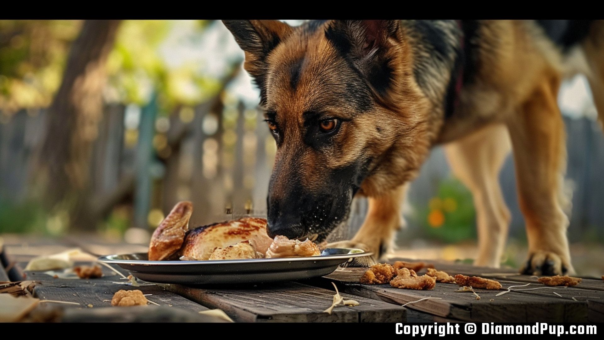 Image of a Happy German Shepherd Snacking on Chicken