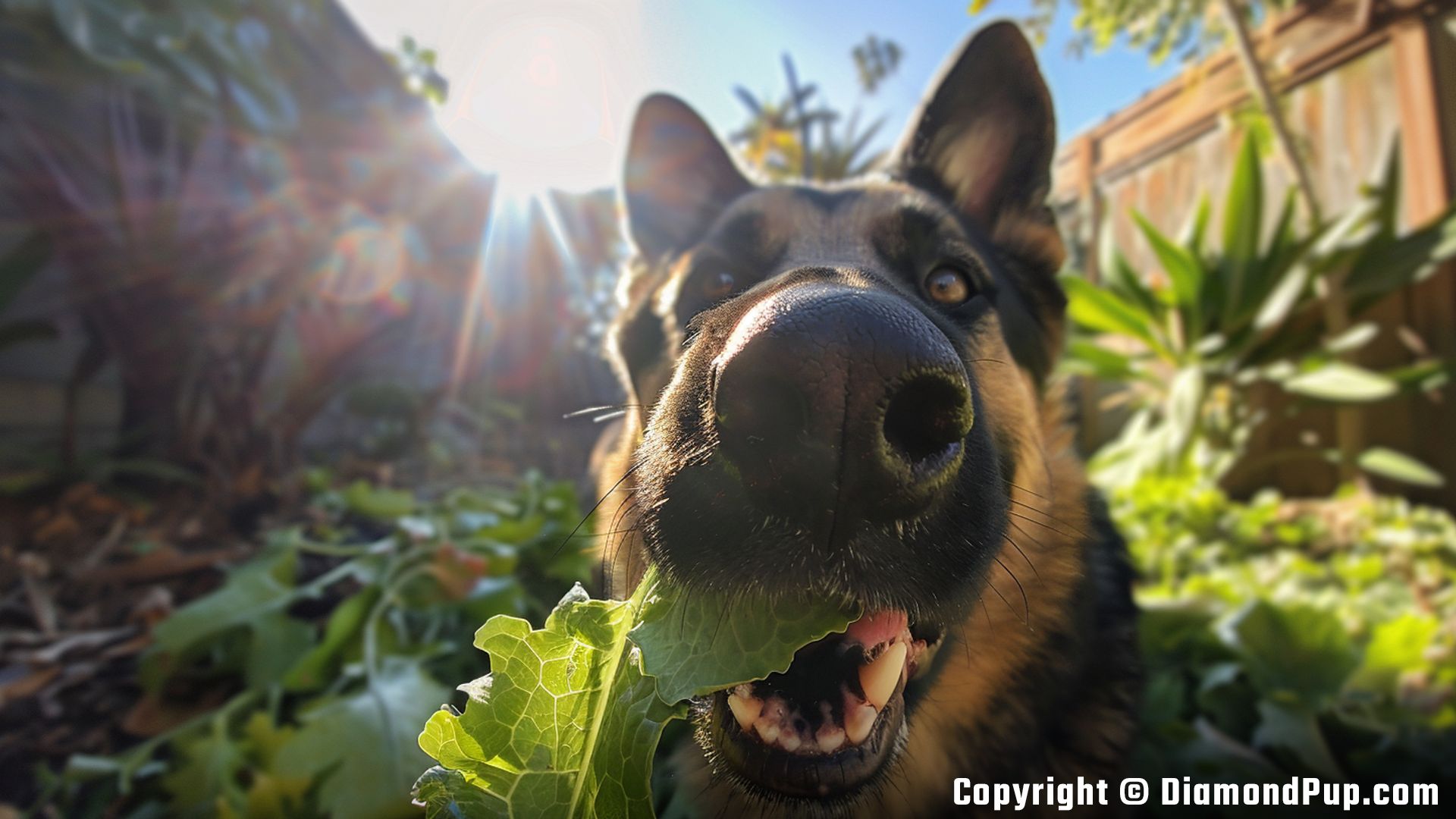 Image of a Happy German Shepherd Snacking on Lettuce