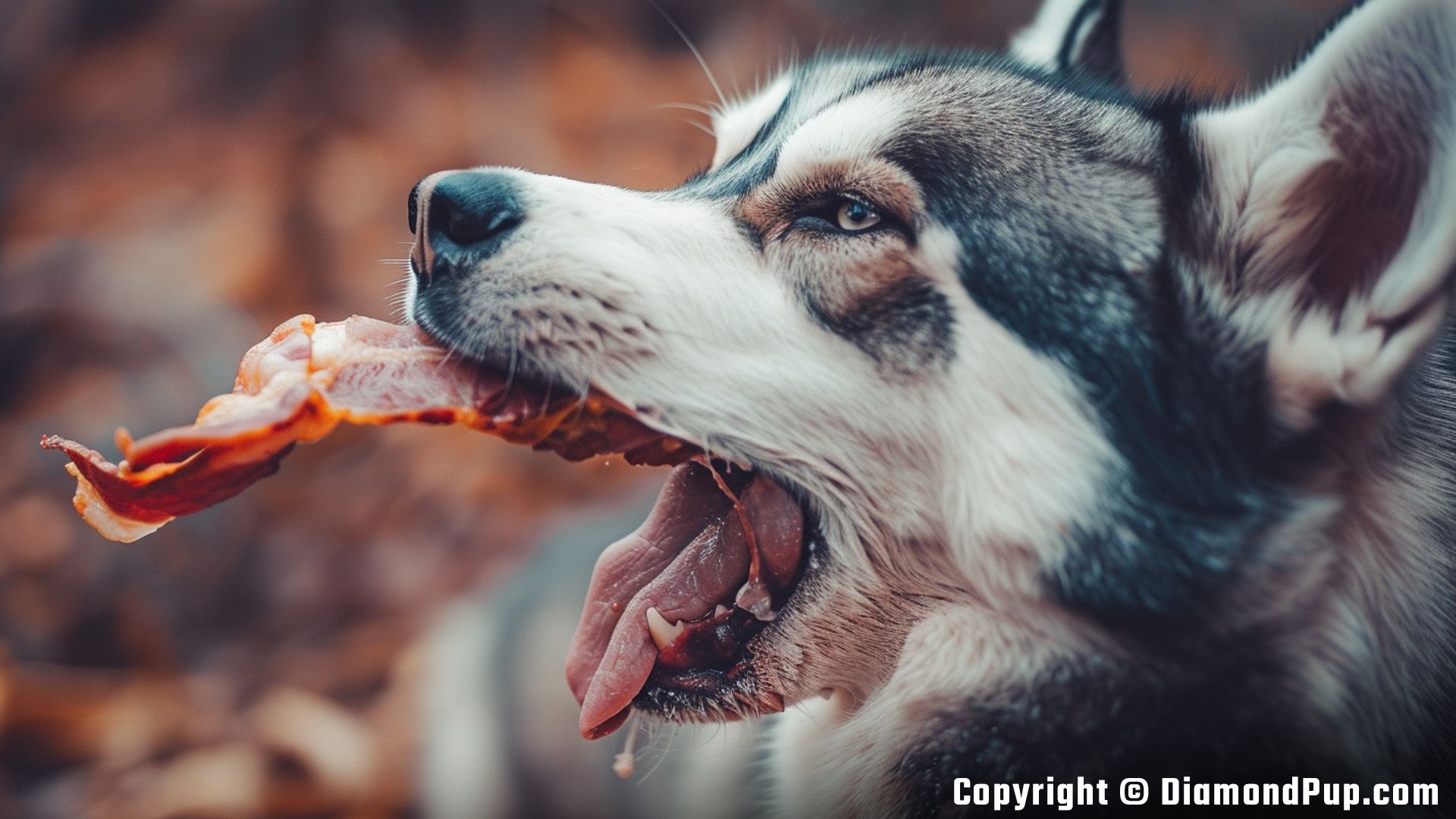 Image of a Happy Husky Eating Bacon