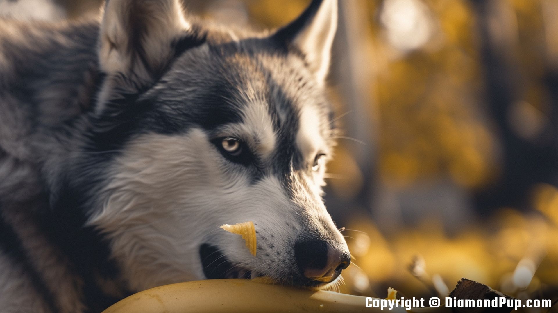 Image of a Happy Husky Eating Banana