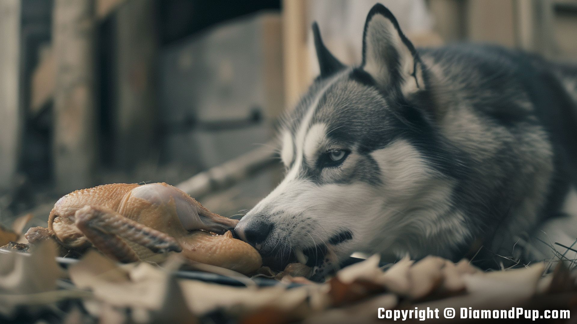 Image of a Happy Husky Eating Chicken
