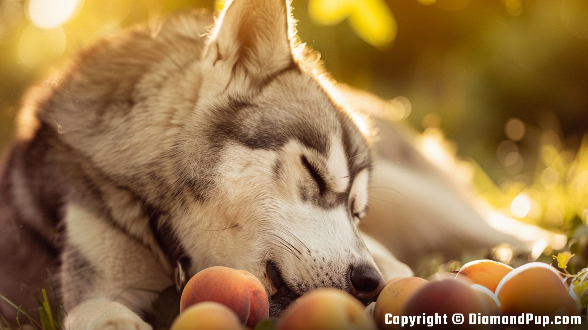 Image of a Happy Husky Snacking on Peaches
