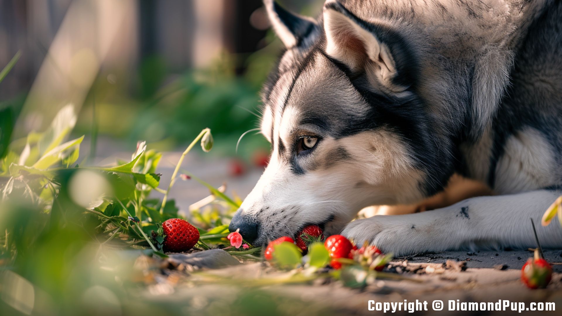 Image of a Happy Husky Snacking on Strawberries