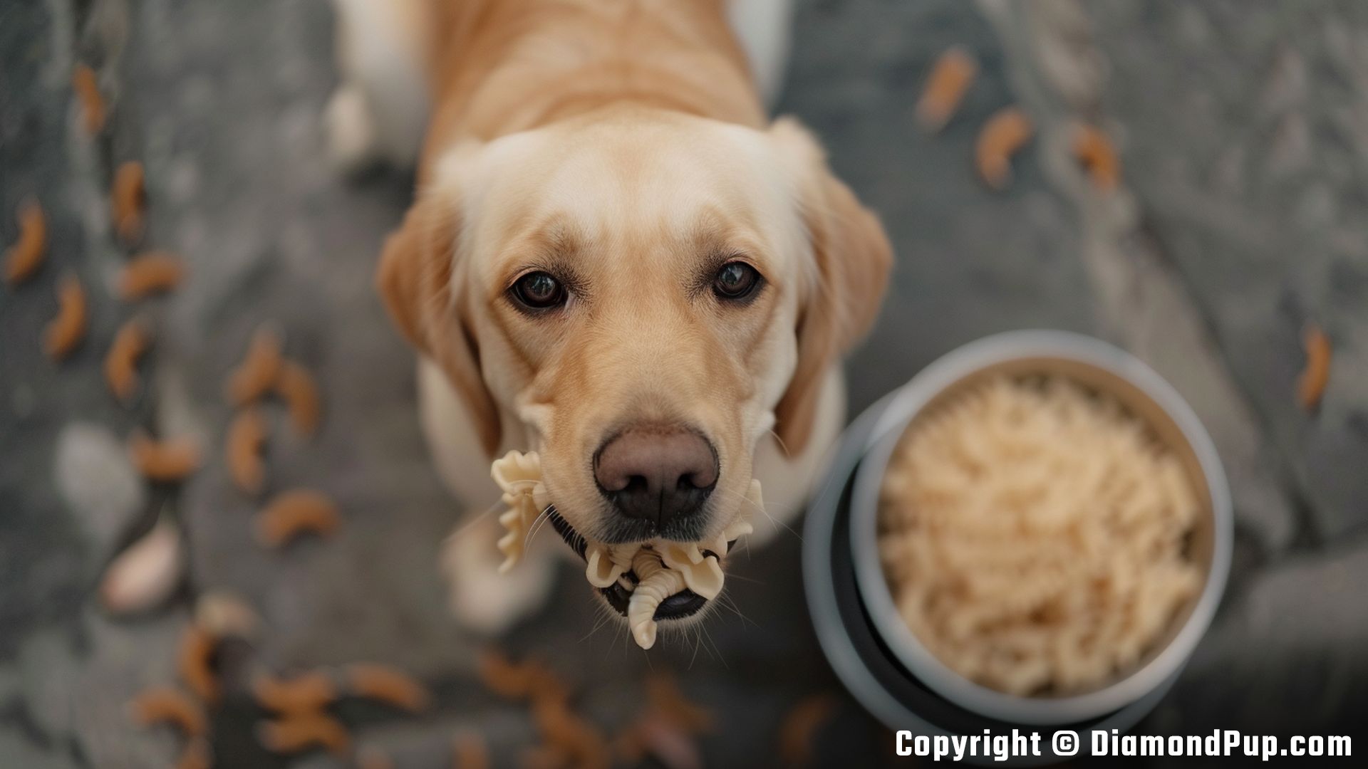 Image of a Happy Labrador Snacking on Pasta