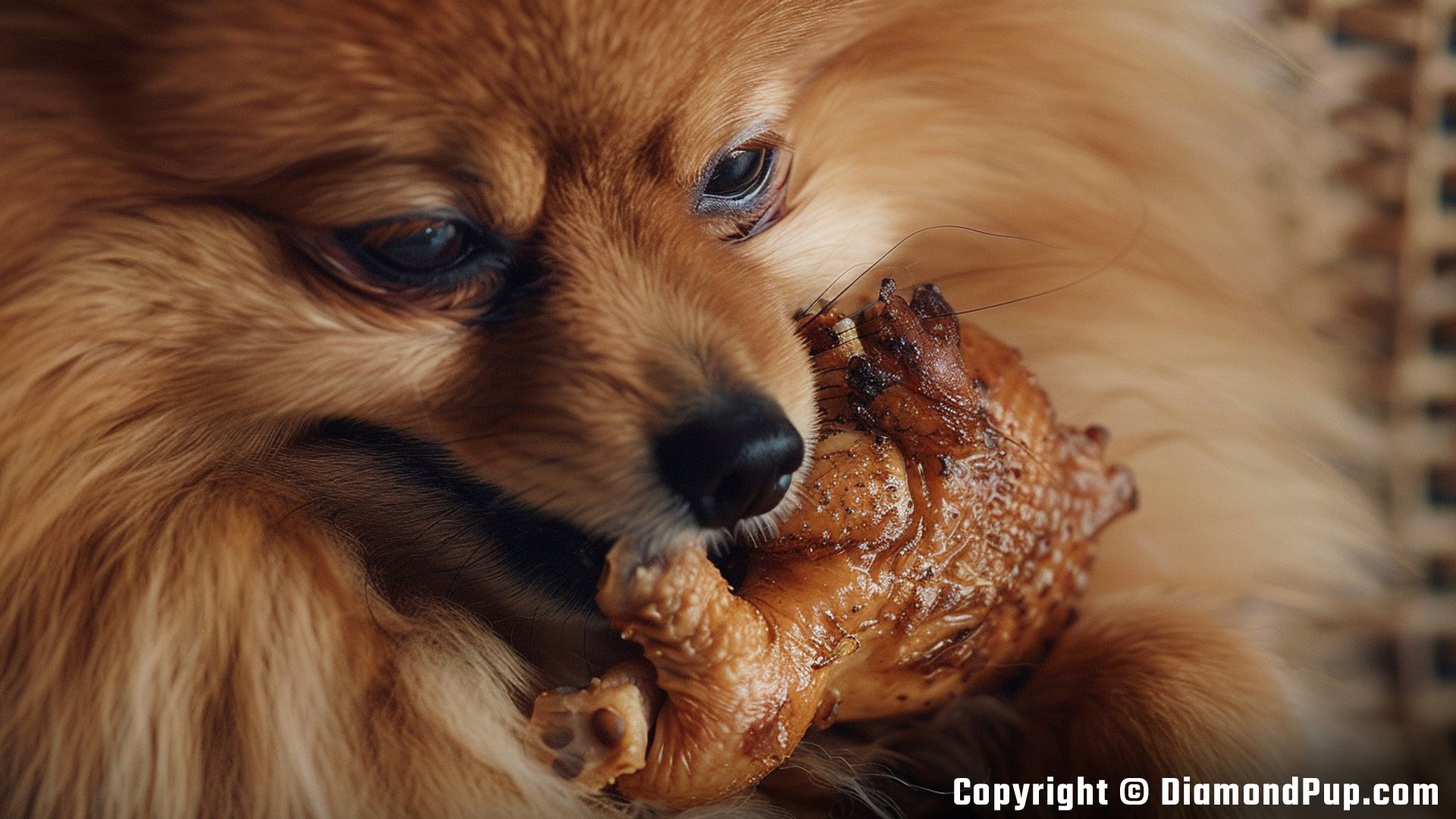 Image of a Happy Pomeranian Eating Chicken