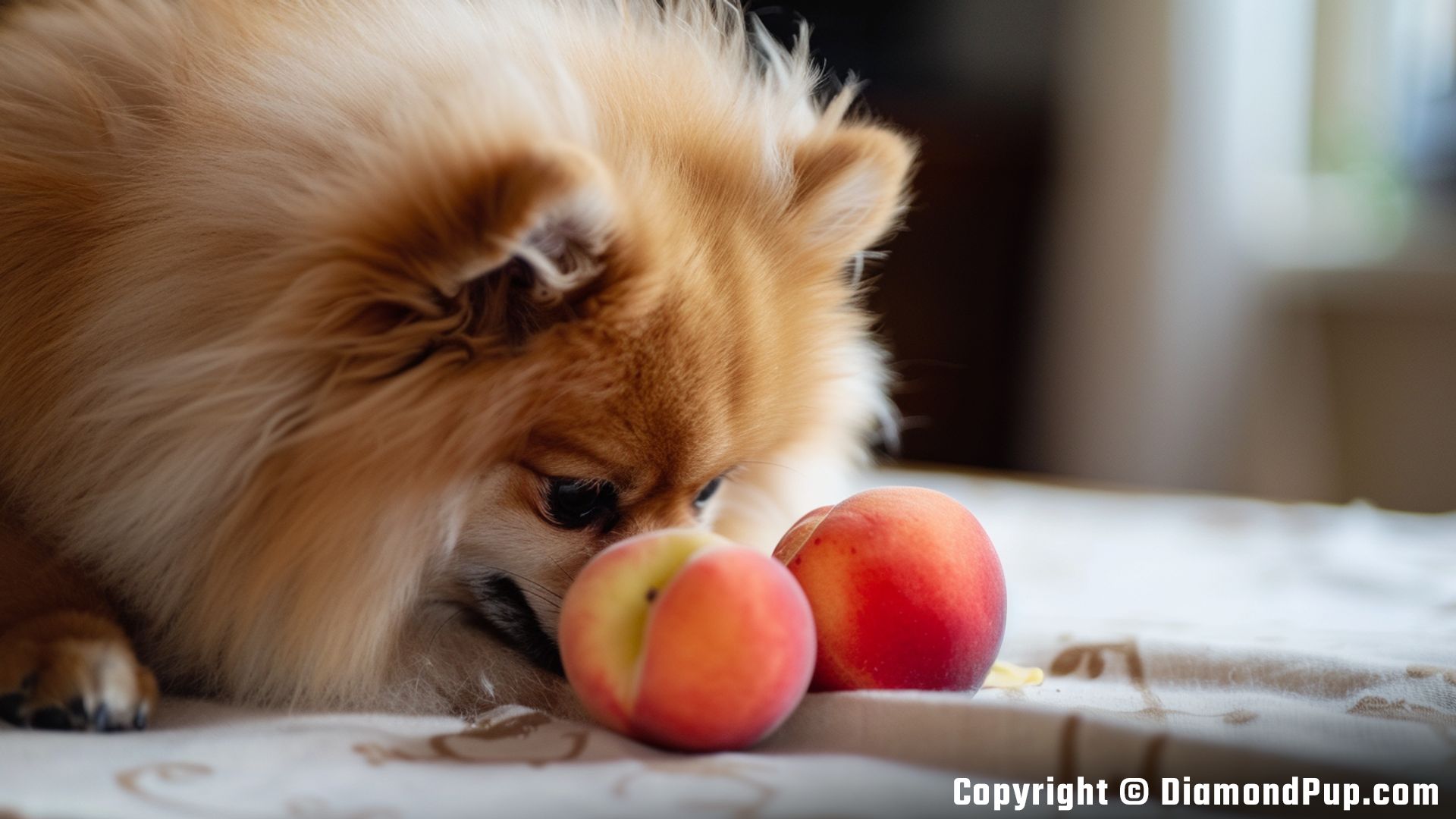 Image of a Happy Pomeranian Eating Peaches
