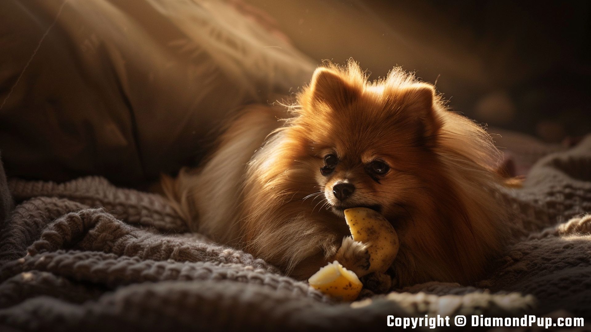 Image of a Happy Pomeranian Eating Potato
