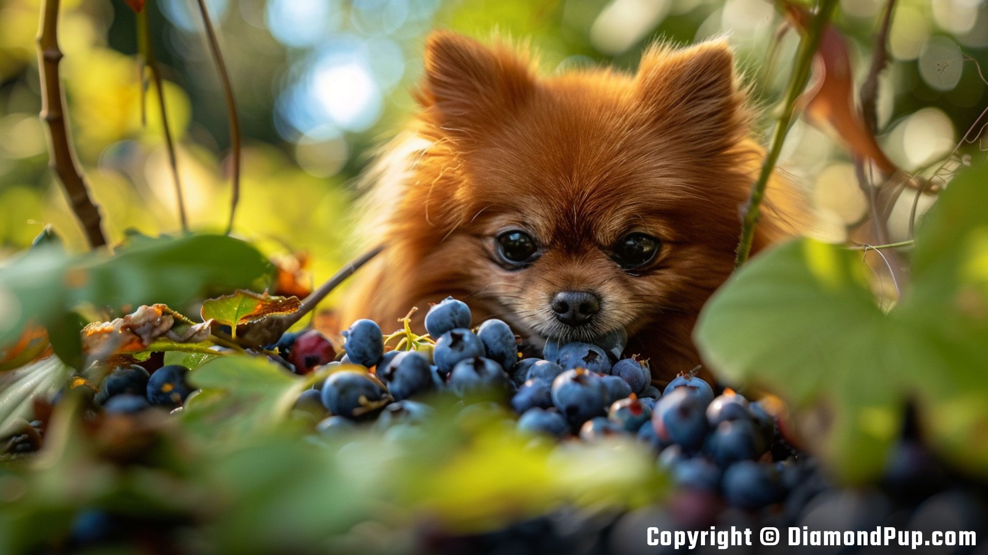 Image of a Happy Pomeranian Snacking on Blueberries