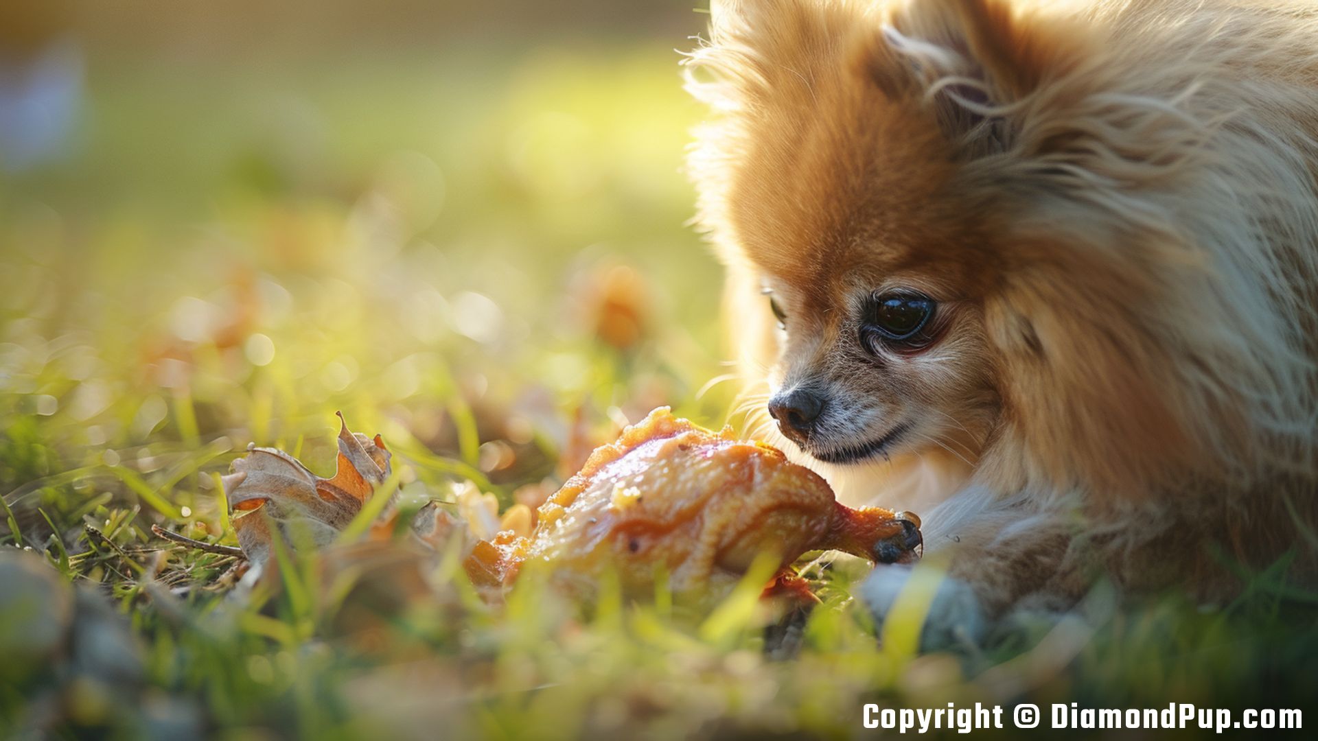 Image of a Happy Pomeranian Snacking on Chicken
