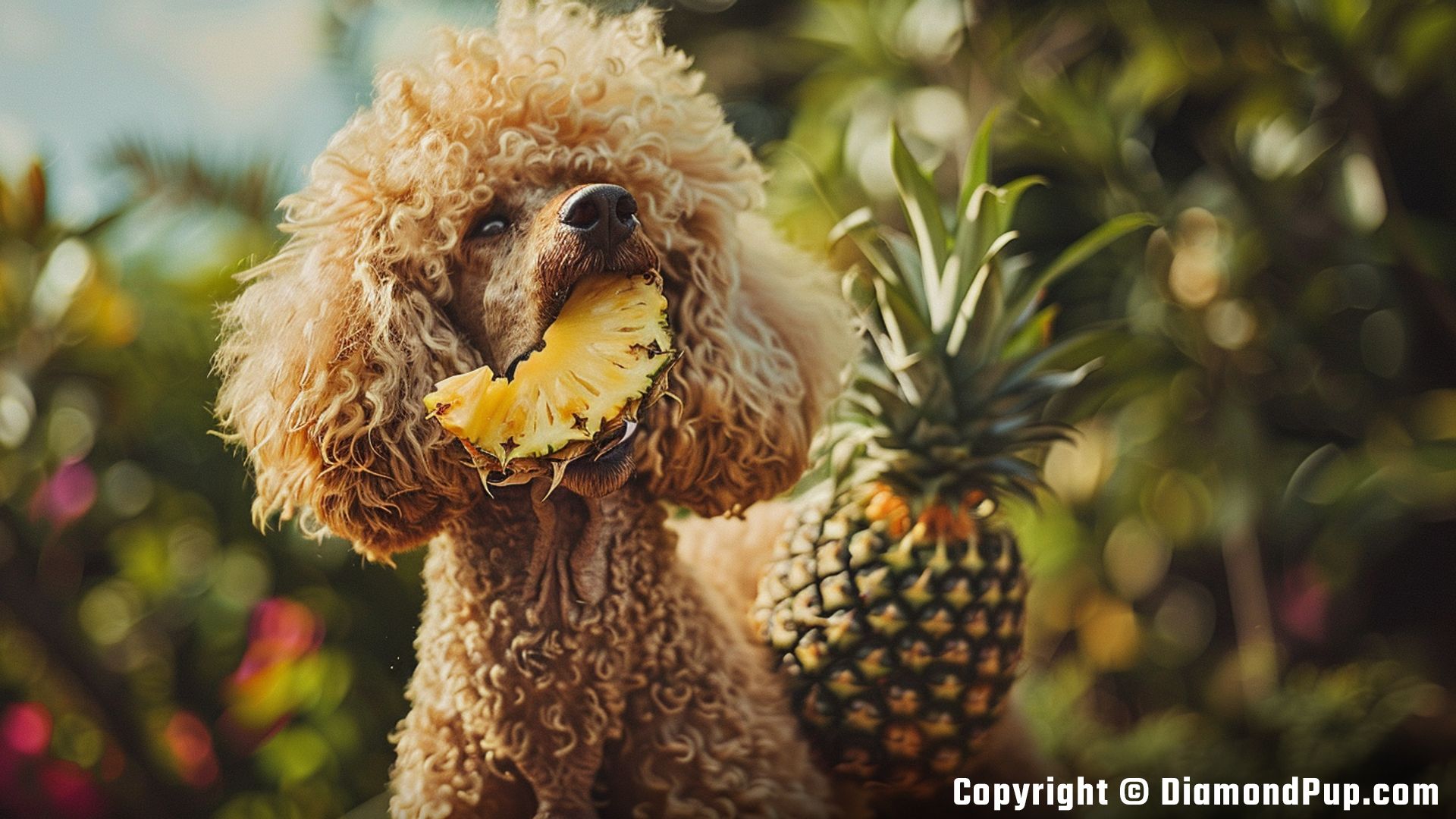 Image of a Happy Poodle Eating Pineapple