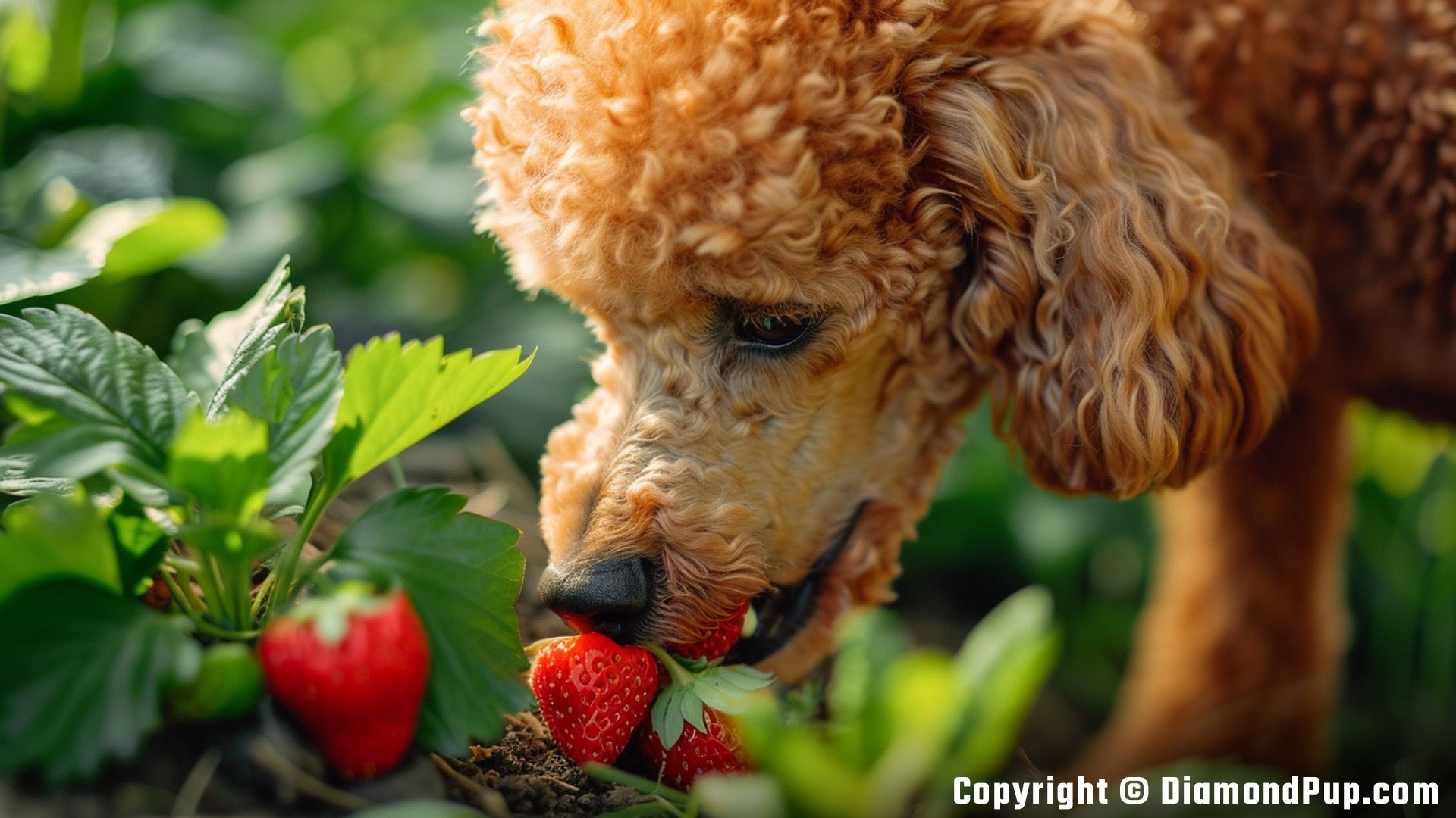 Image of a Happy Poodle Eating Strawberries