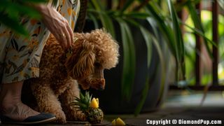 Image of a Happy Poodle Snacking on Pineapple
