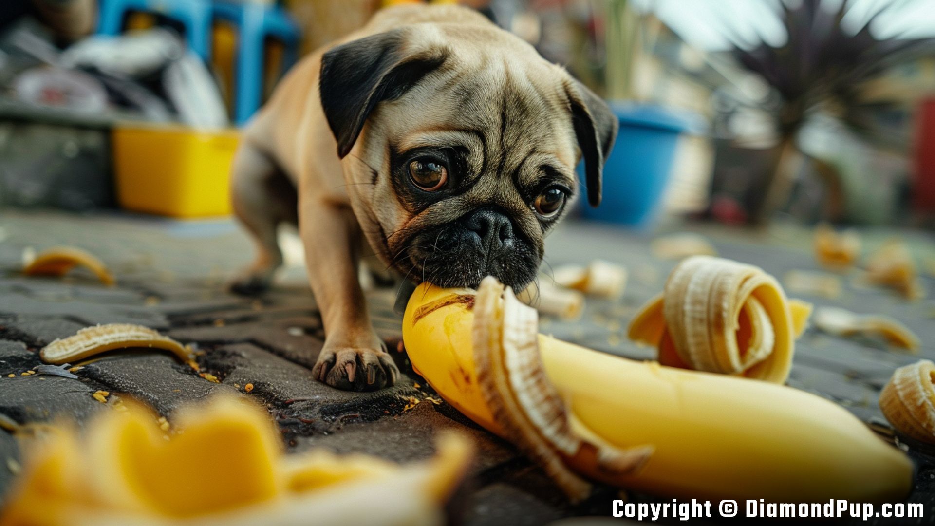 Image of a Happy Pug Eating Banana