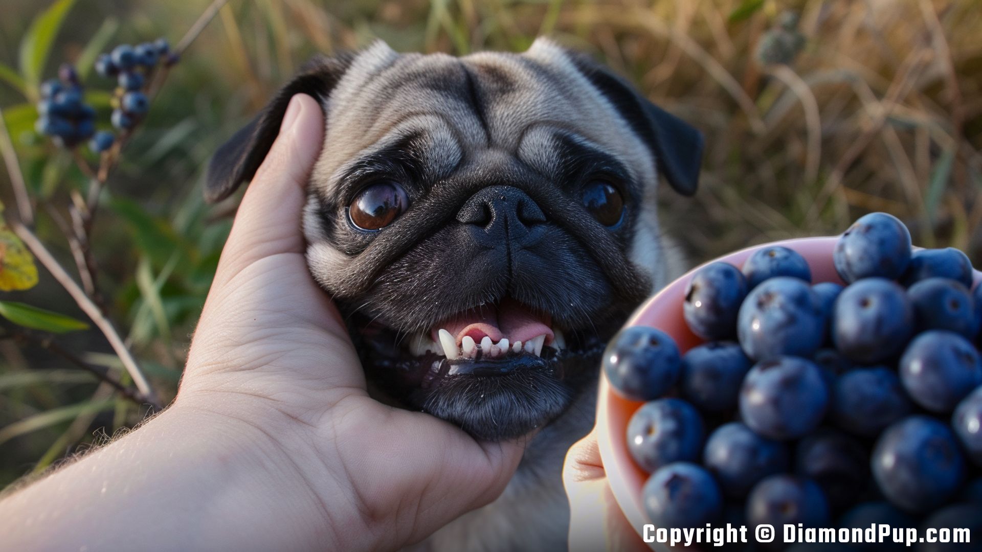 Image of a Happy Pug Eating Blueberries