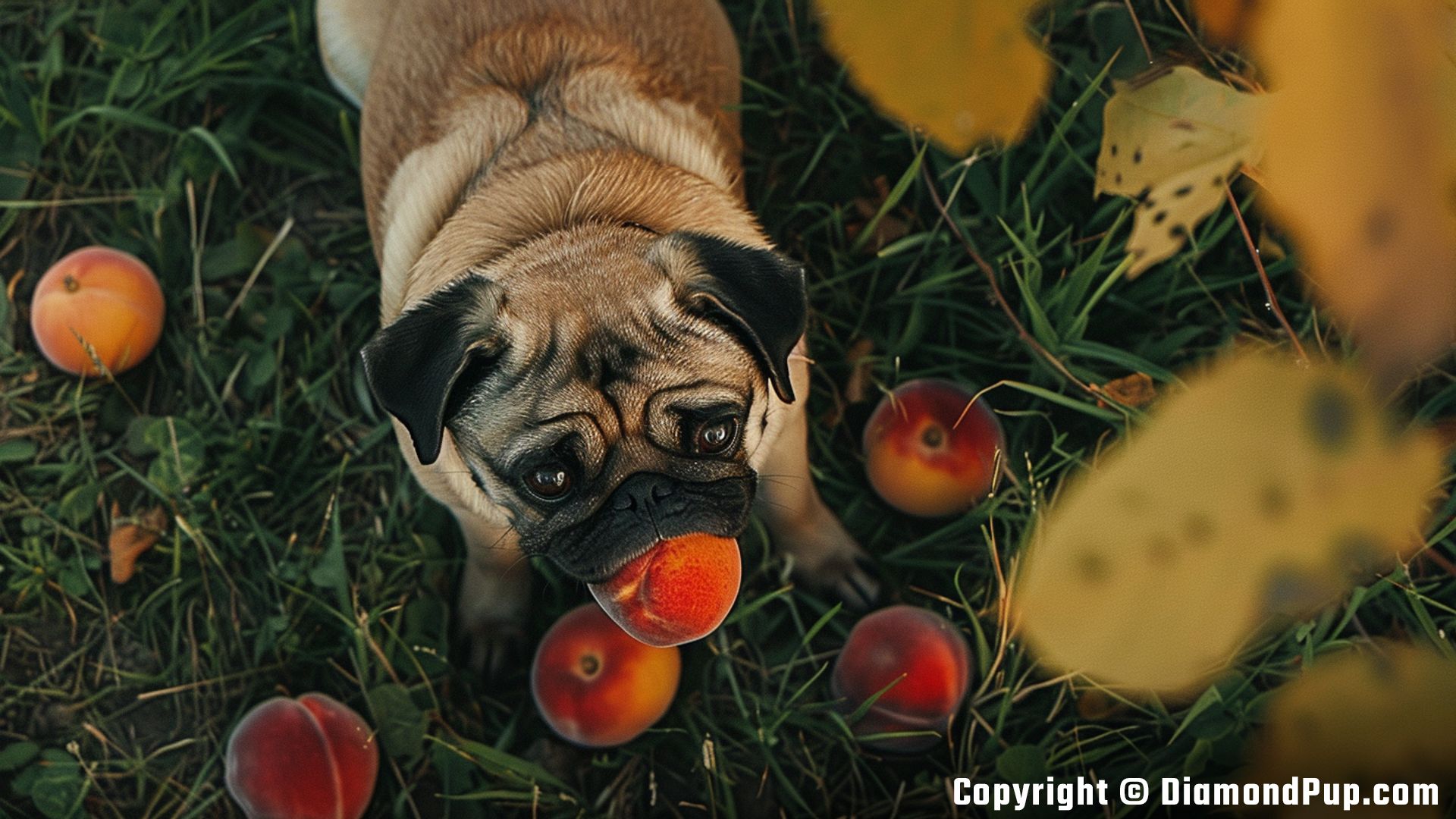 Image of a Happy Pug Eating Peaches