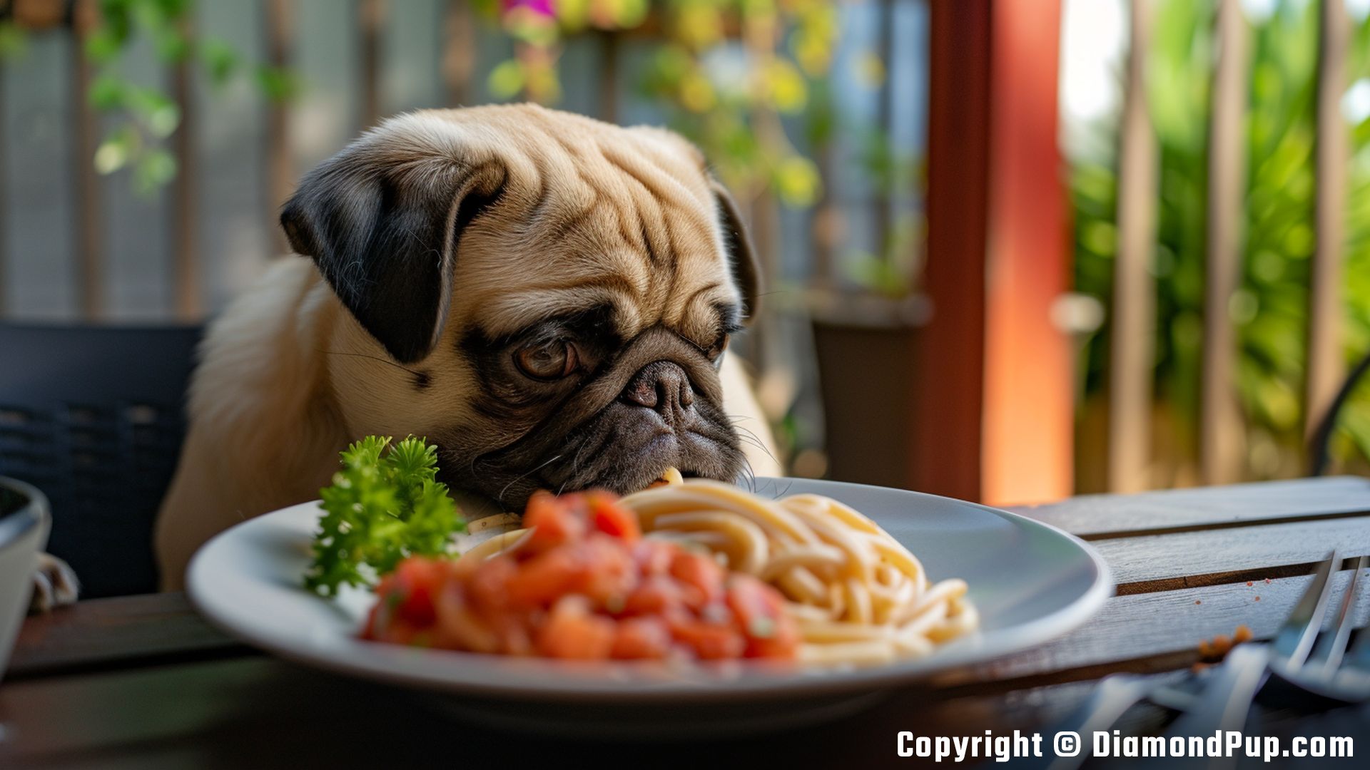Image of a Happy Pug Snacking on Pasta