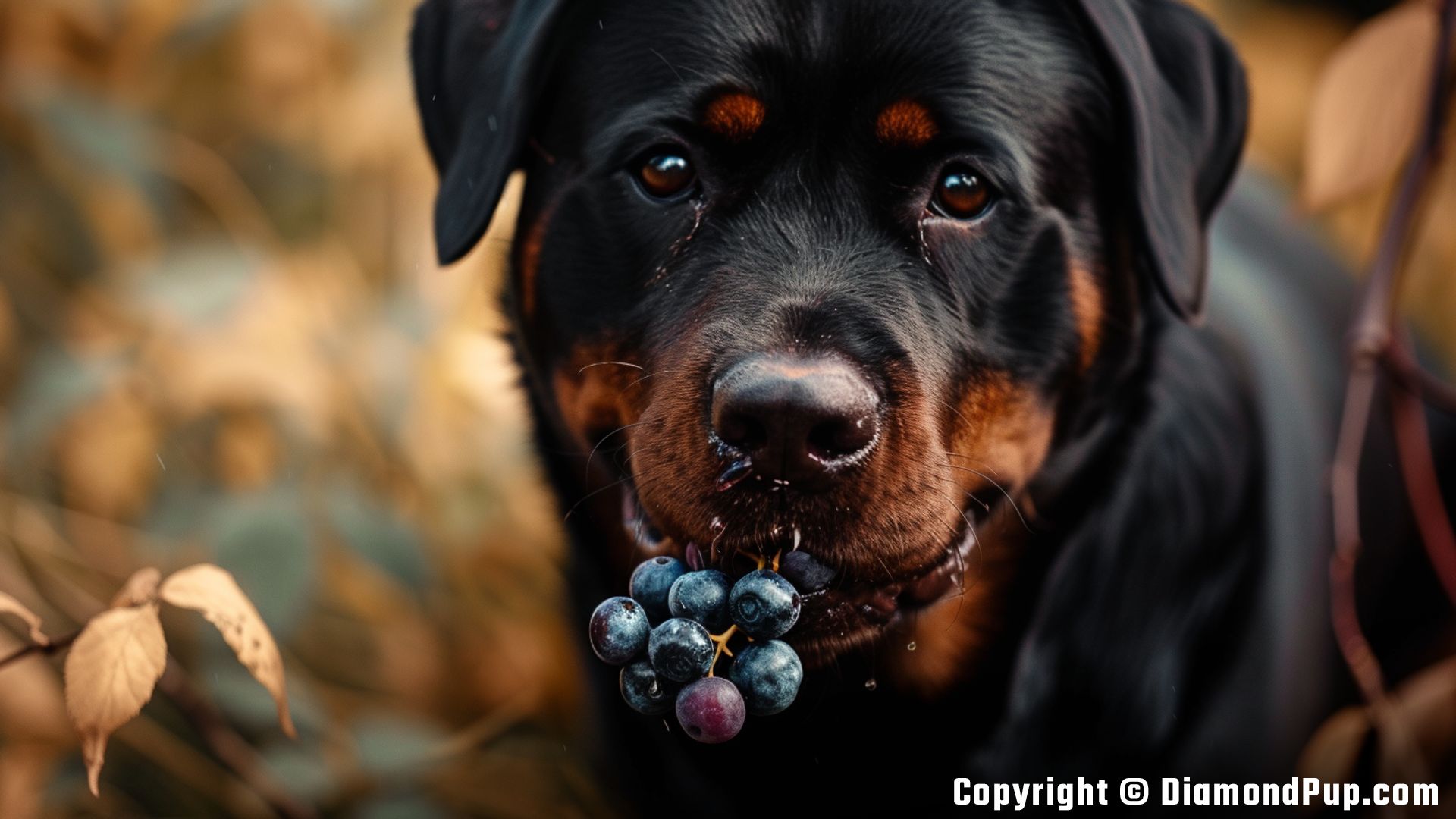 Image of a Happy Rottweiler Eating Blueberries