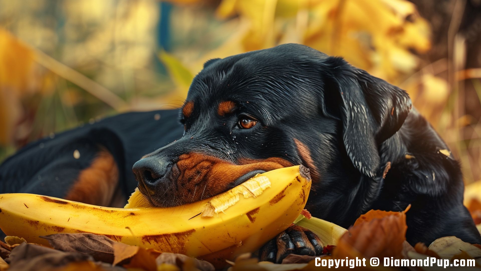 Image of a Happy Rottweiler Snacking on Banana