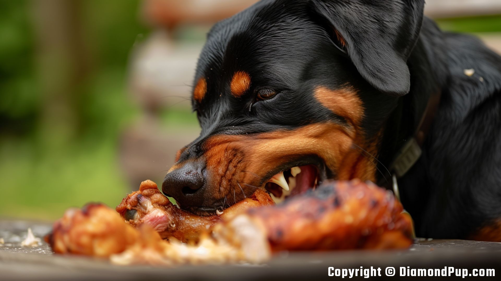 Image of a Happy Rottweiler Snacking on Chicken