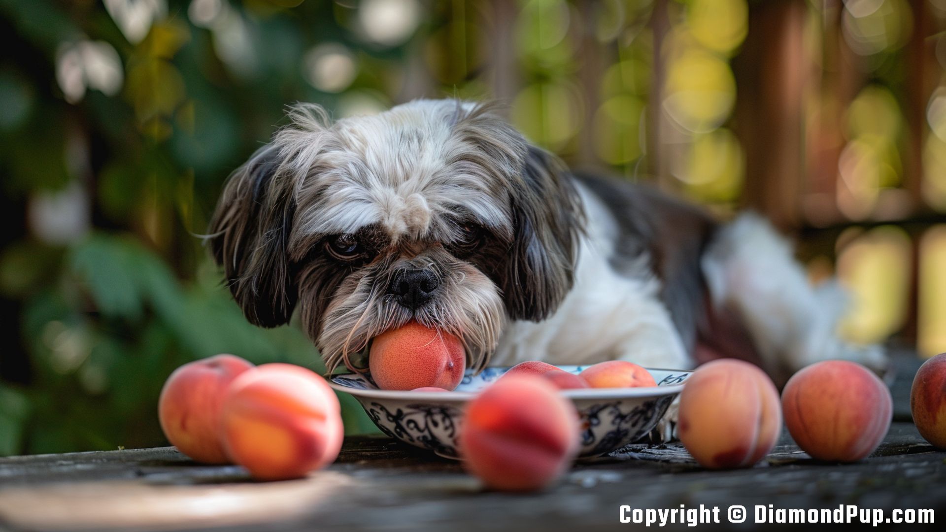Image of a Happy Shih Tzu Eating Peaches