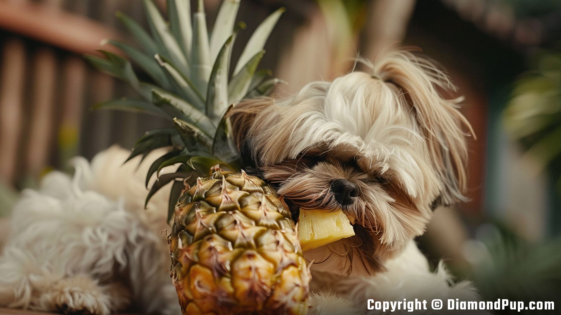 Image of a Happy Shih Tzu Eating Pineapple