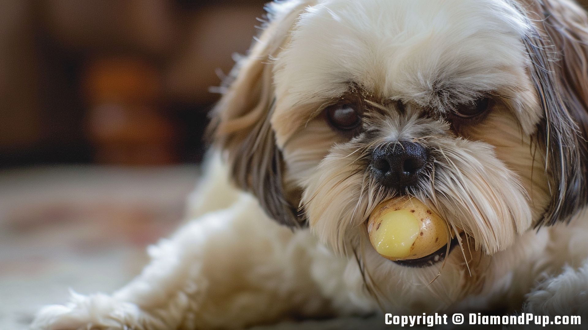 Image of a Happy Shih Tzu Eating Potato