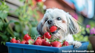 Image of a Happy Shih Tzu Eating Strawberries