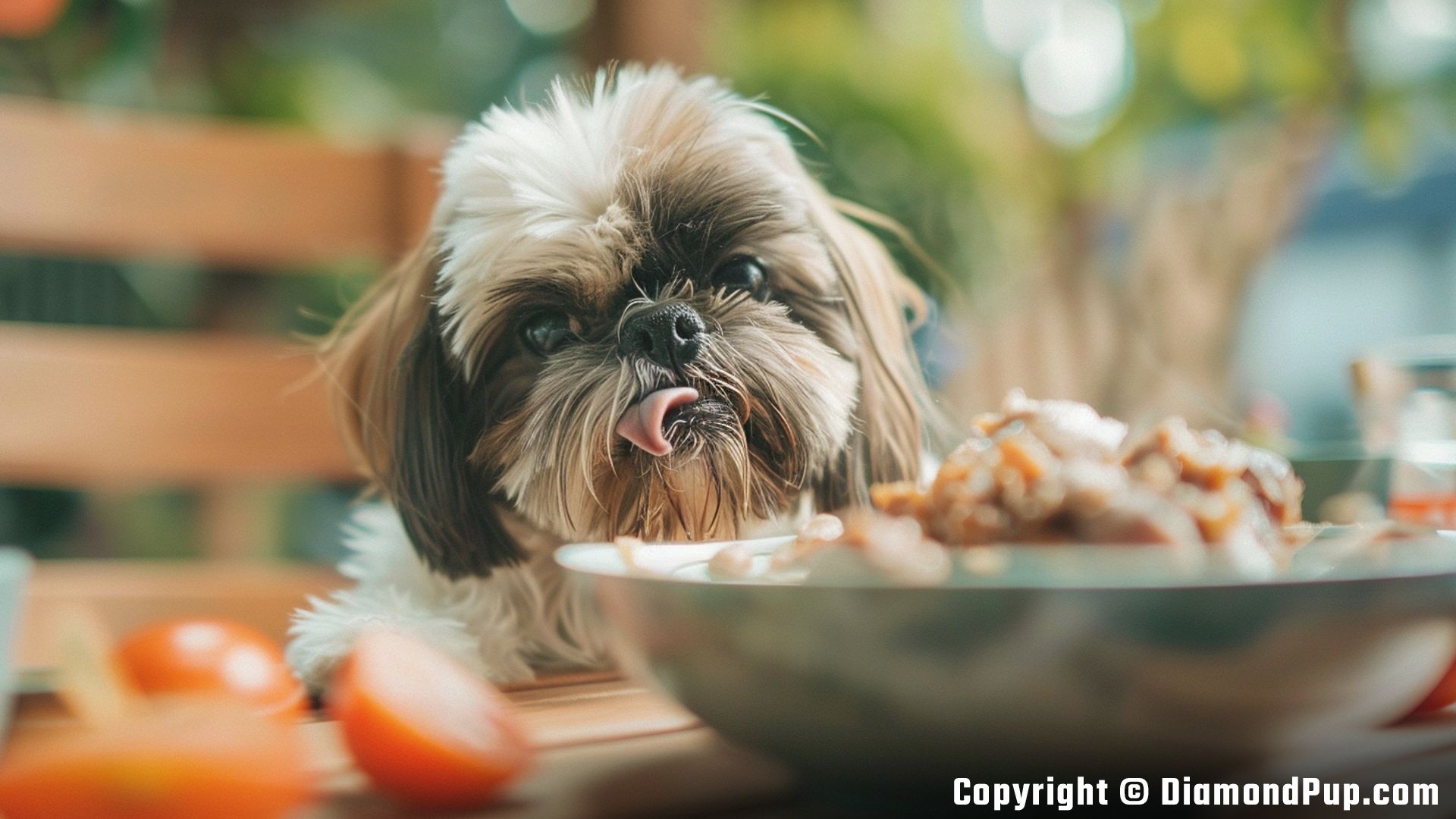 Image of a Happy Shih Tzu Snacking on Chicken