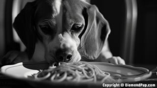 Image of a Playful Beagle Eating Pasta