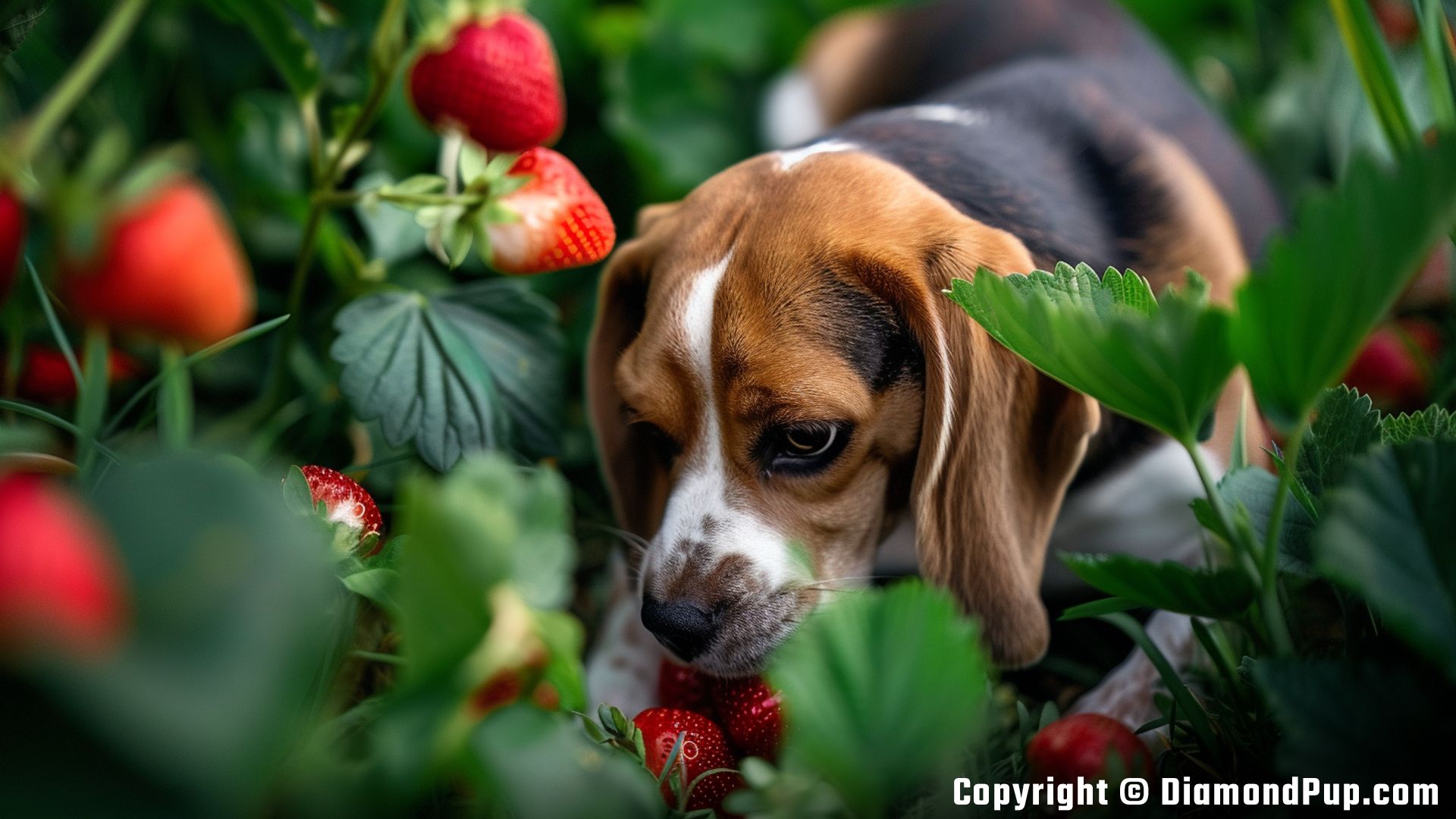 Image of a Playful Beagle Snacking on Strawberries