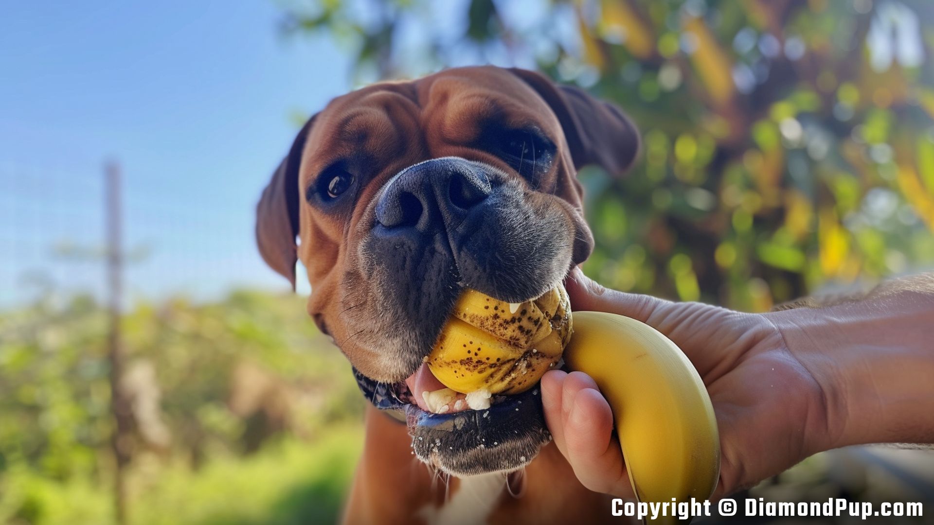 Image of a Playful Boxer Eating Banana
