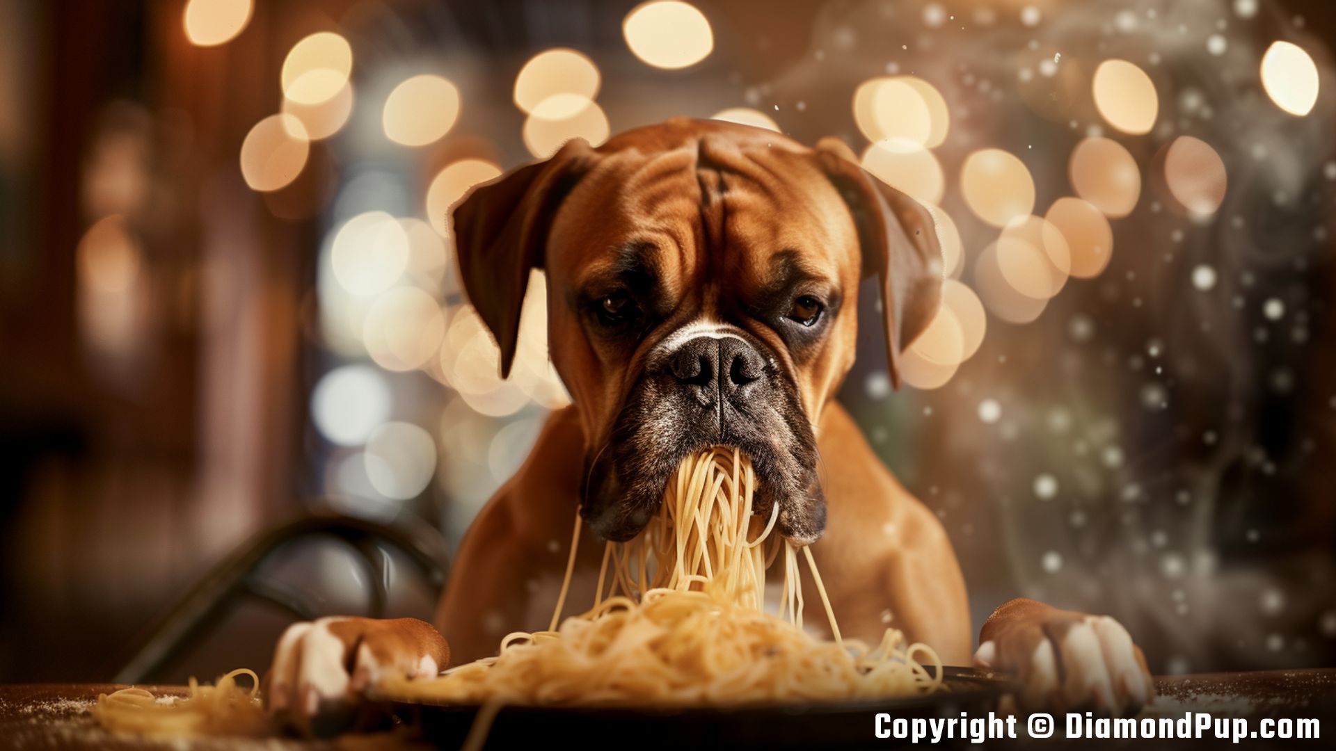 Image of a Playful Boxer Snacking on Pasta