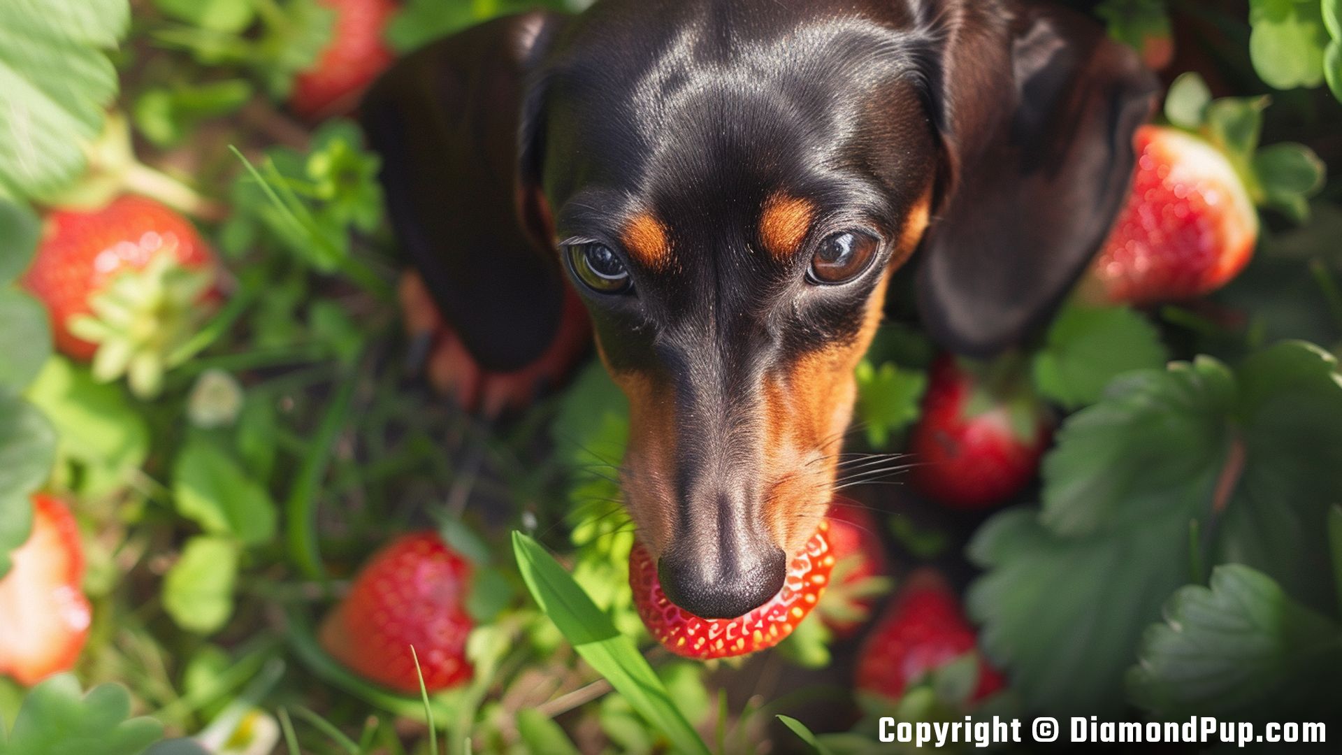 Image of a Playful Dachshund Snacking on Strawberries
