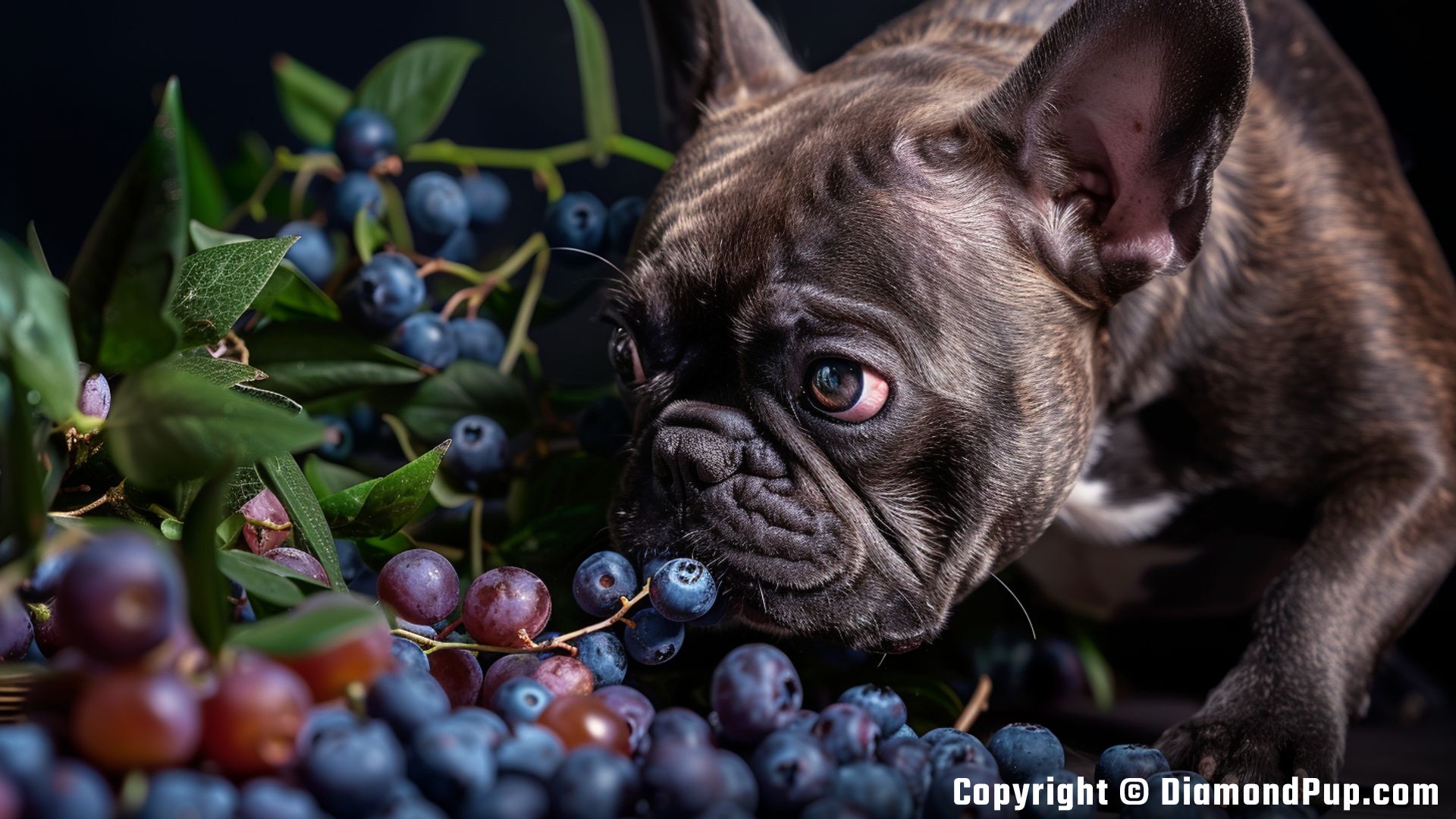 Image of a Playful French Bulldog Eating Blueberries