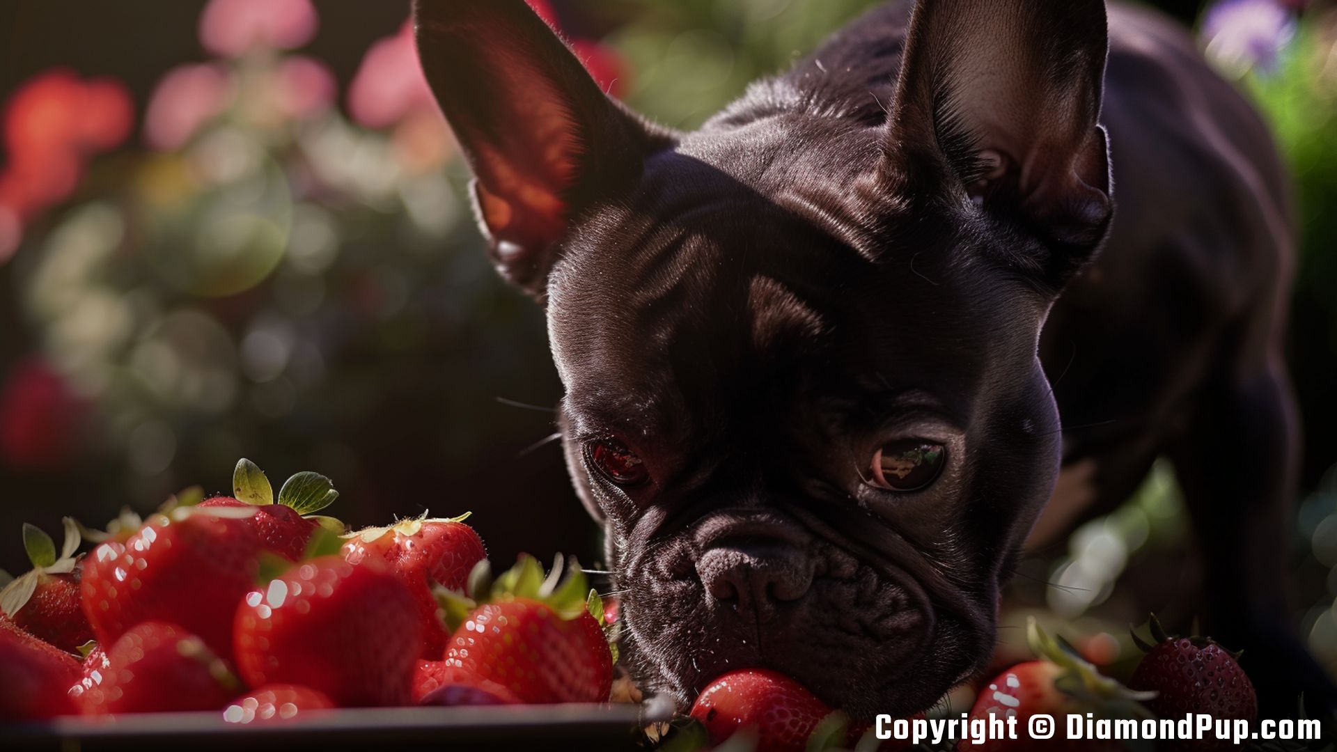 Image of a Playful French Bulldog Eating Strawberries