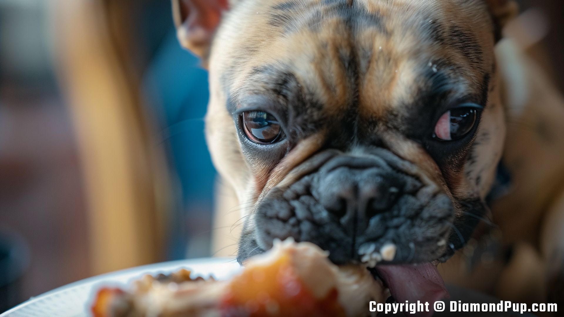 Image of a Playful French Bulldog Snacking on Chicken