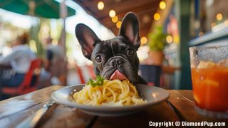 Image of a Playful French Bulldog Snacking on Pasta