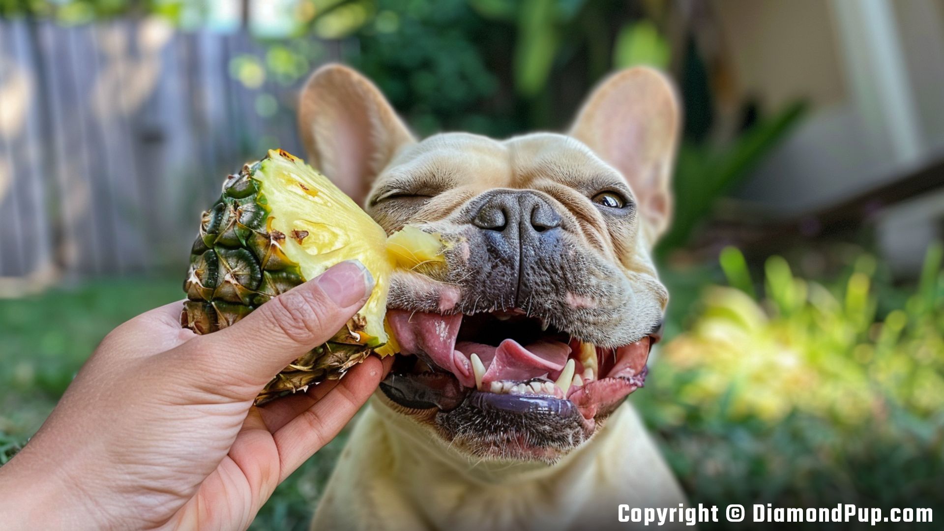 Image of a Playful French Bulldog Snacking on Pineapple